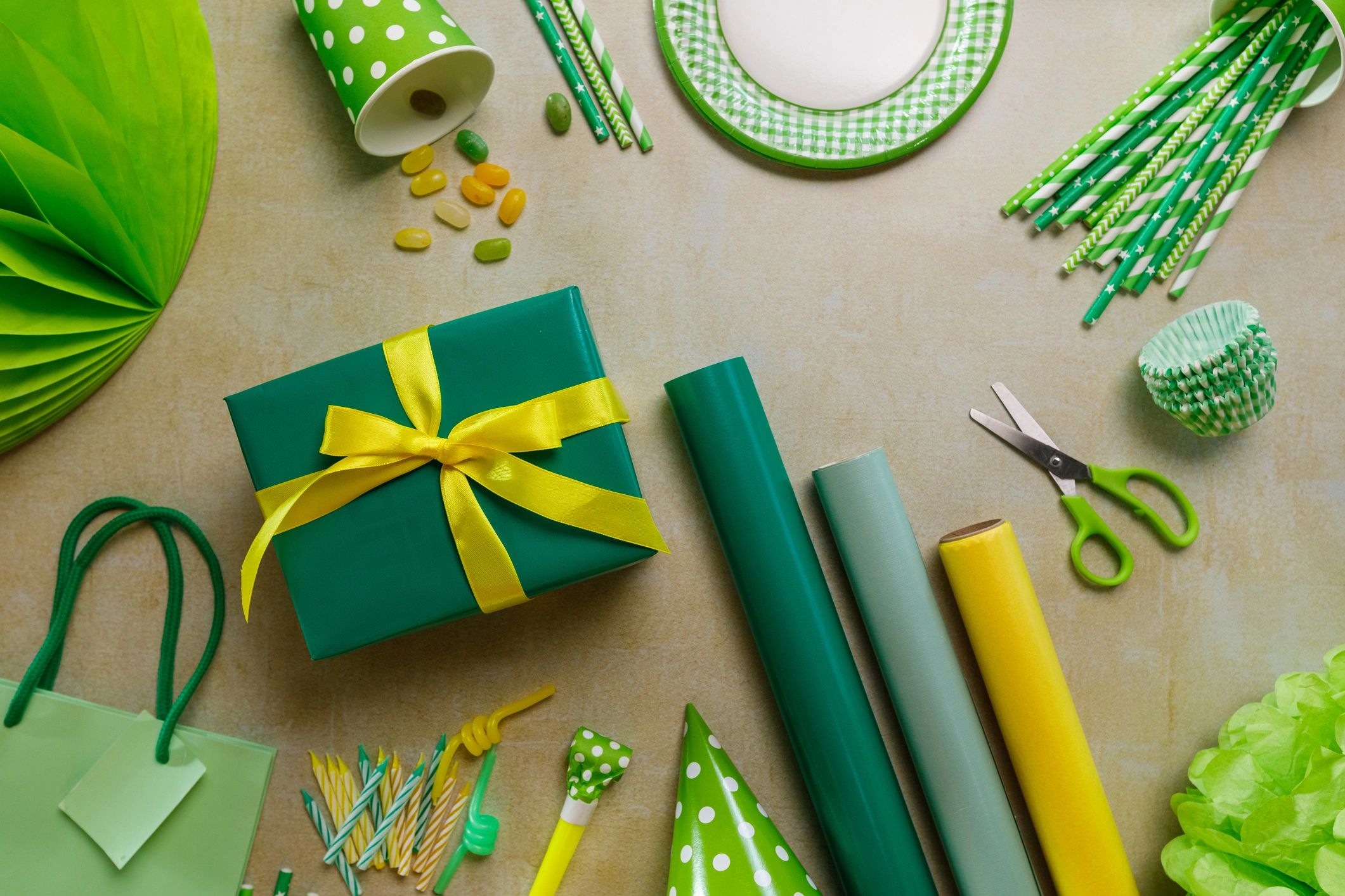 Flat lay of party decor and wrapping details