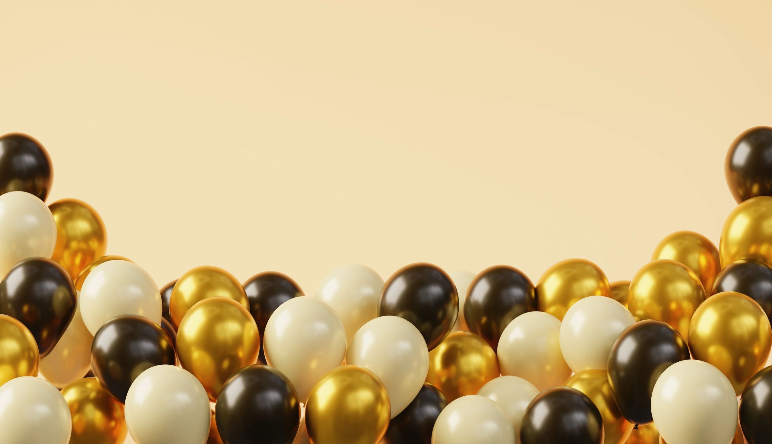 Neutral balloon cluster in black, gold, and white on beige background
